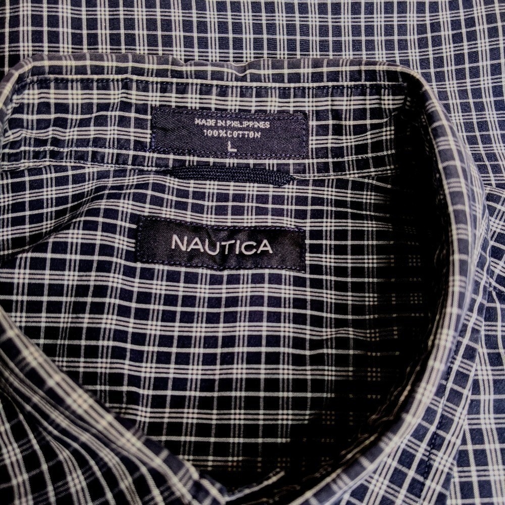 Nautica Mens Blue White Plaid Check Short Sleeve Button Down Shirt Large L - Picture 8 of 11